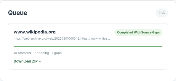 Completed Wikipedia dashboard job showing 10 restored files, one source gap, and the Download ZIP link